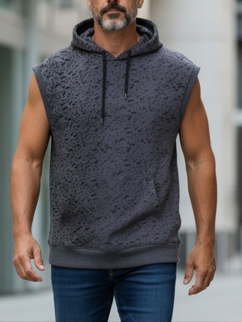 Sleeveless Hoodie Dark Gray Speckled Large Grunge Gym Streetwear Edgy Casual